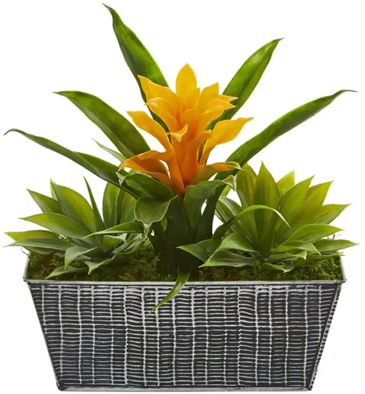 Yellow Bromeliad and Agave Artificial Plant in Embossed Tin Planter