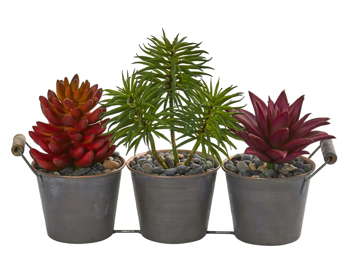 Mixed Succulent Artificial Plant in Triple Potted Planter in Red by Bellanest