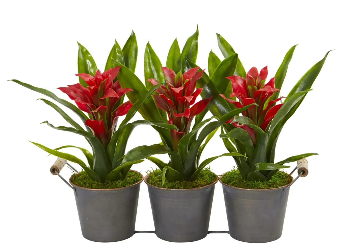 Triple Potted Bromeliad Artificial Plant in Decorative Planter in Red by Bellanest