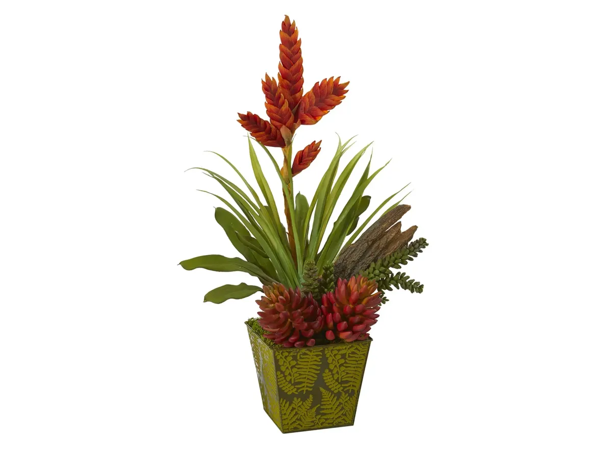 Succulent and Bromeliad Artificial Plant in Green Planter in Orange by Bellanest