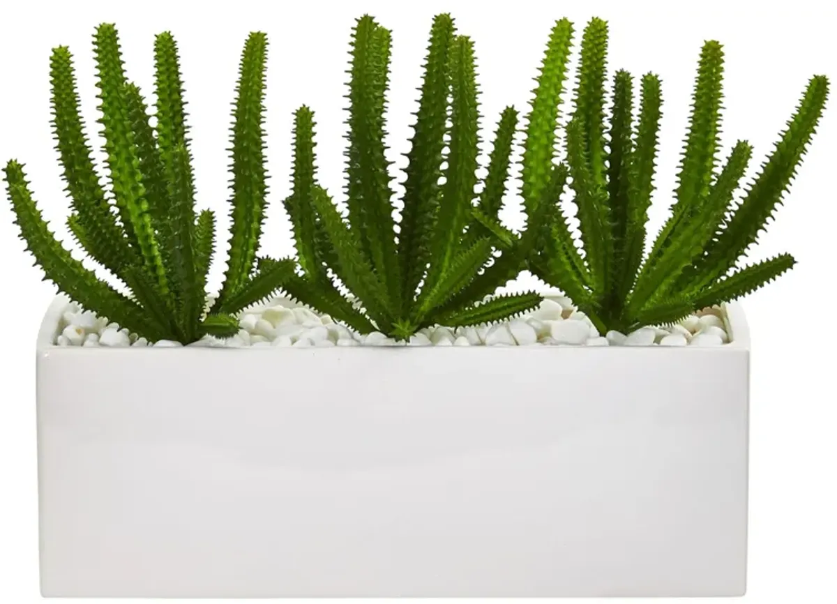 Finger Cactus Artificial Plant in White Vase in Green