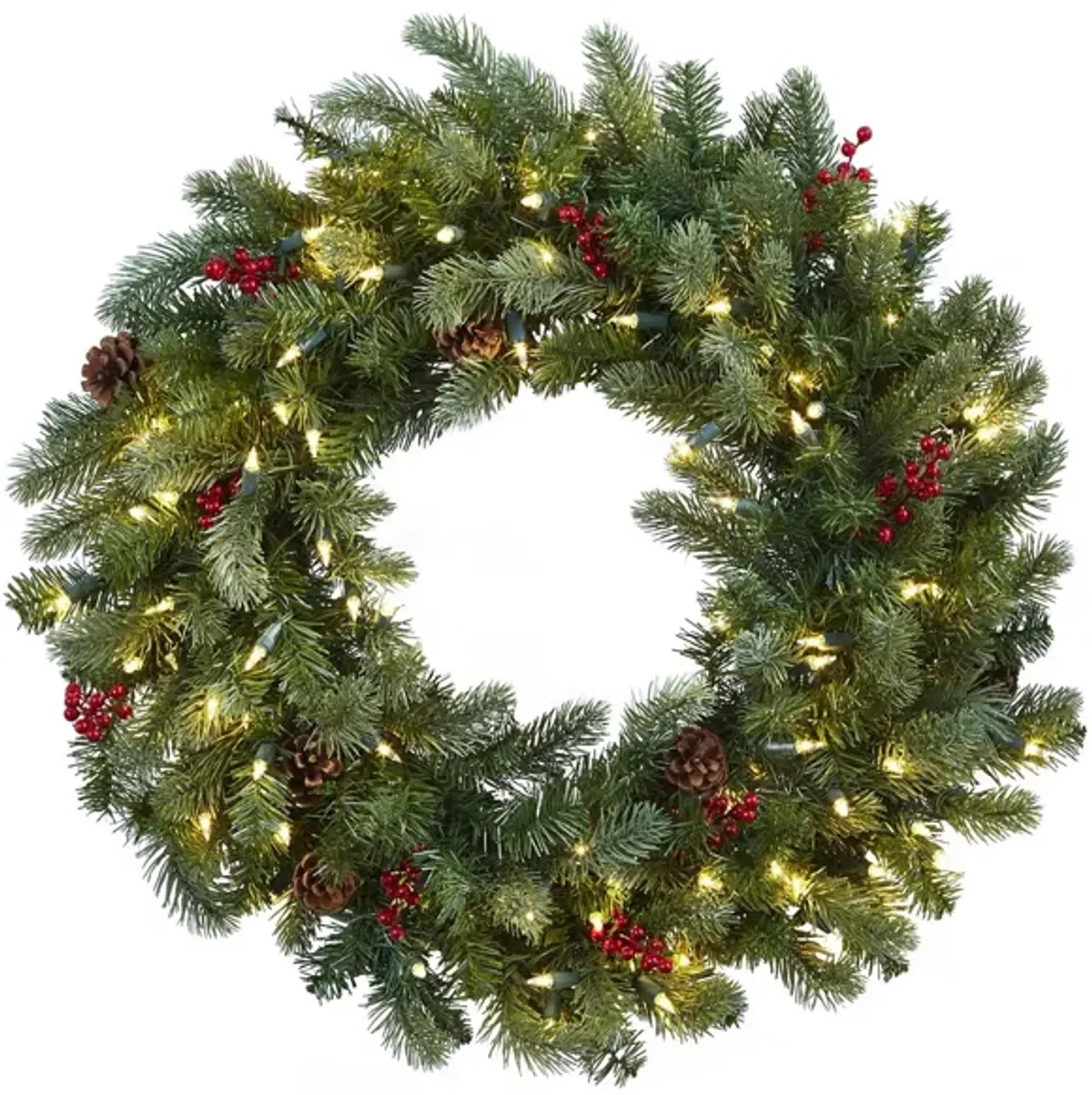 30” Lighted Pine Wreath with Berries & Pinecones in Green by Bellanest