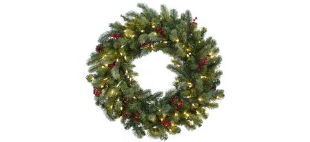 30” Lighted Pine Wreath with Berries & Pinecones in Green by Bellanest