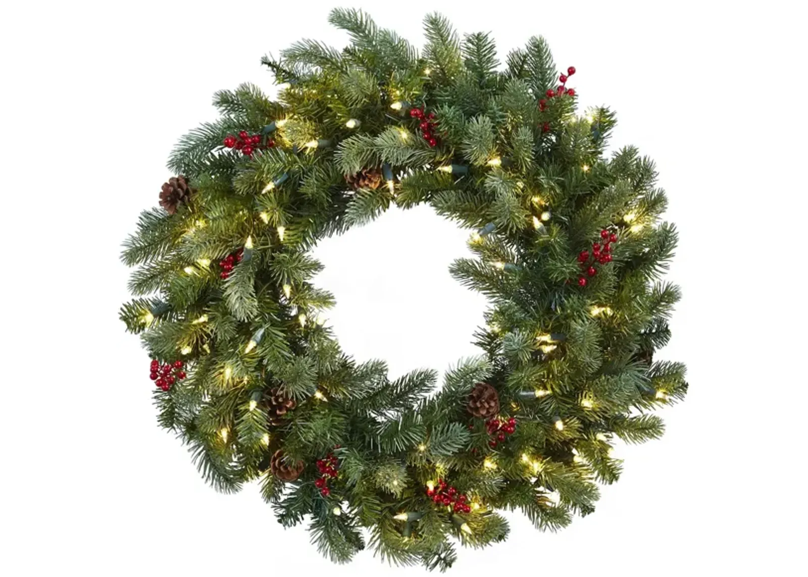 30” Lighted Pine Wreath with Berries & Pinecones in Green by Bellanest