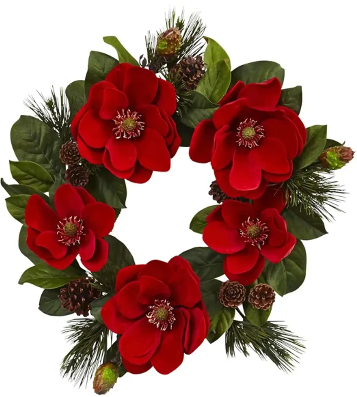 24” Red Magnolia & Pine Wreath