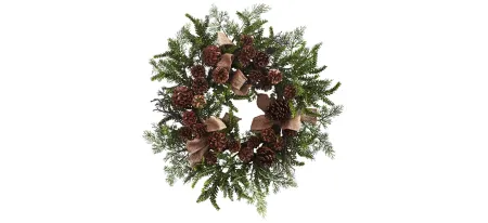 24” Pine & Pinecone Wreath with Burlap Bows in Green by Bellanest