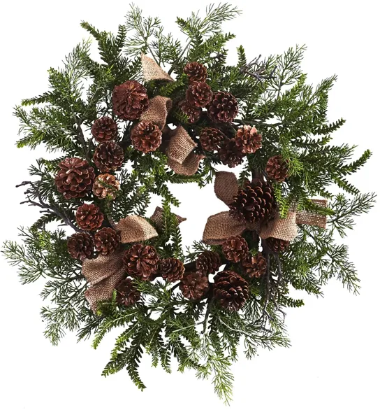 24” Pine & Pinecone Wreath with Burlap Bows in Green by Bellanest