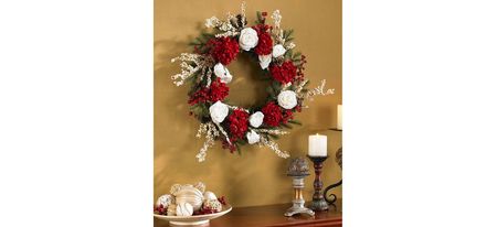24" Hydrangea with White Roses Wreath in Red by Bellanest