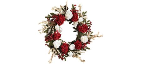 24" Hydrangea with White Roses Wreath in Red by Bellanest