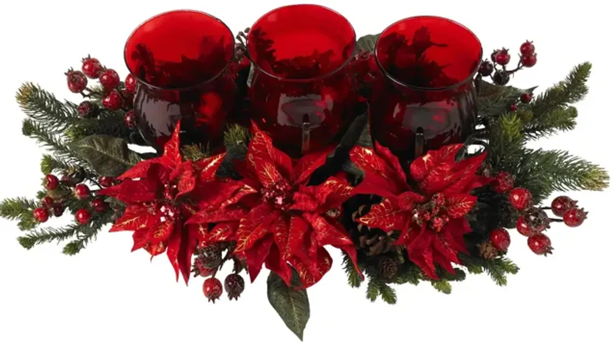 Poinsettia & Berry Triple Candelabrum