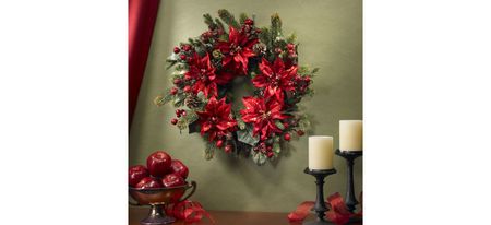 24" Poinsettia & Berry Wreath in Red by Bellanest