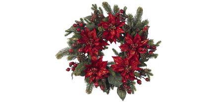 24" Poinsettia & Berry Wreath in Red by Bellanest