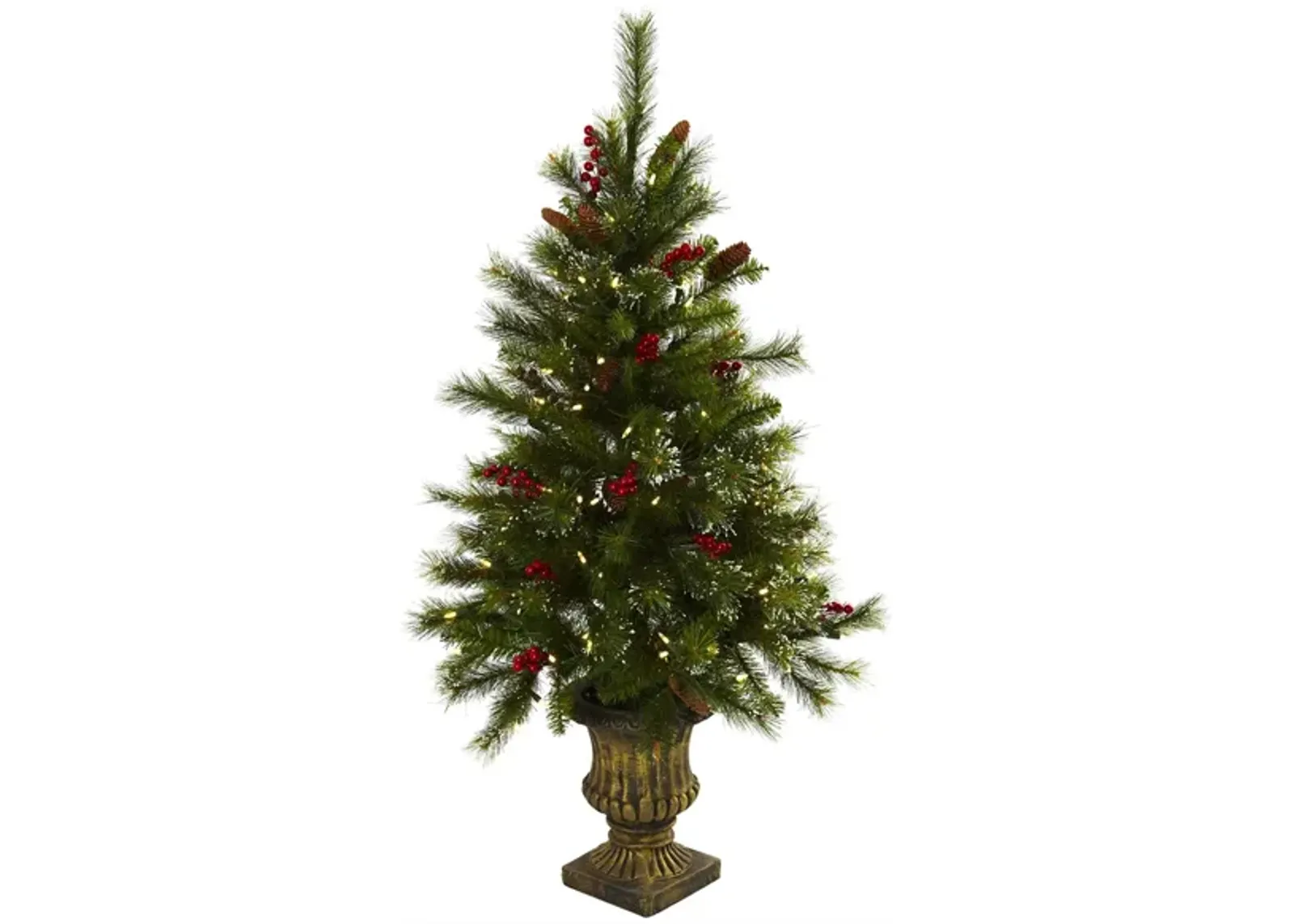 4' Christmas Tree with Berries, Pinecones, LED Lights & Decorative Urn in Green by Bellanest