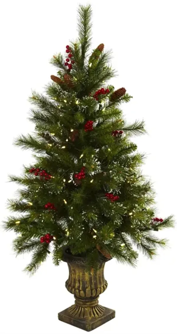 4' Christmas Tree with Berries, Pinecones, LED Lights & Decorative Urn