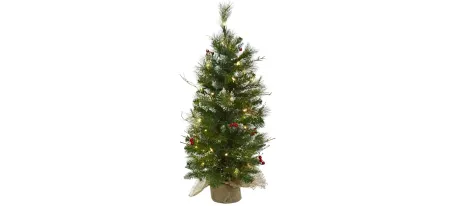 3' Christmas Tree with Clear Lights, Berries & Burlap Bag in Green by Bellanest