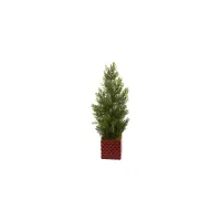 25" Mini Cedar Pine Artificial Tree in Red Planter (Indoor/Outdoor) in Green by Bellanest