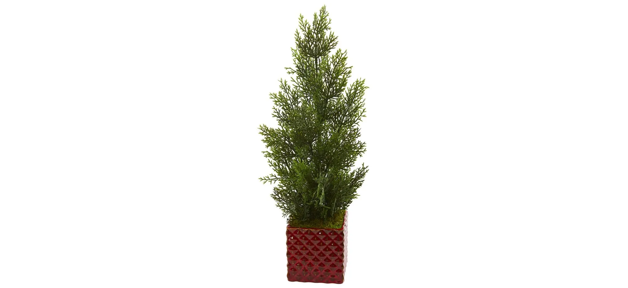 25" Mini Cedar Pine Artificial Tree in Red Planter (Indoor/Outdoor) in Green by Bellanest