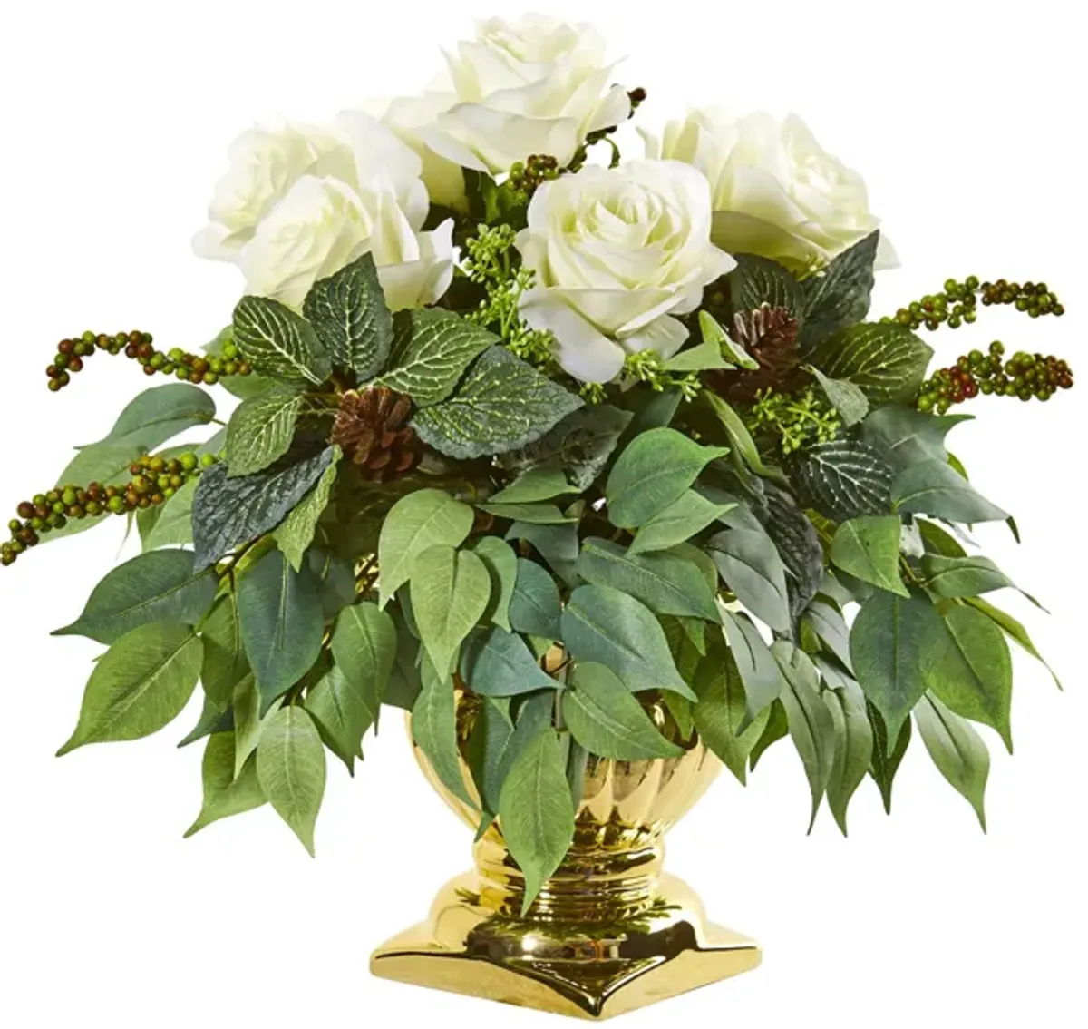 14" Rose Artificial Arrangement in Gold Urn in White by Bellanest