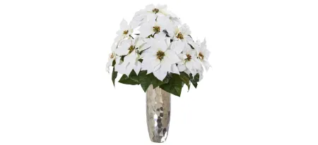 Poinsettia Artificial Arrangement in Silver Cylinder Vase in White by Bellanest