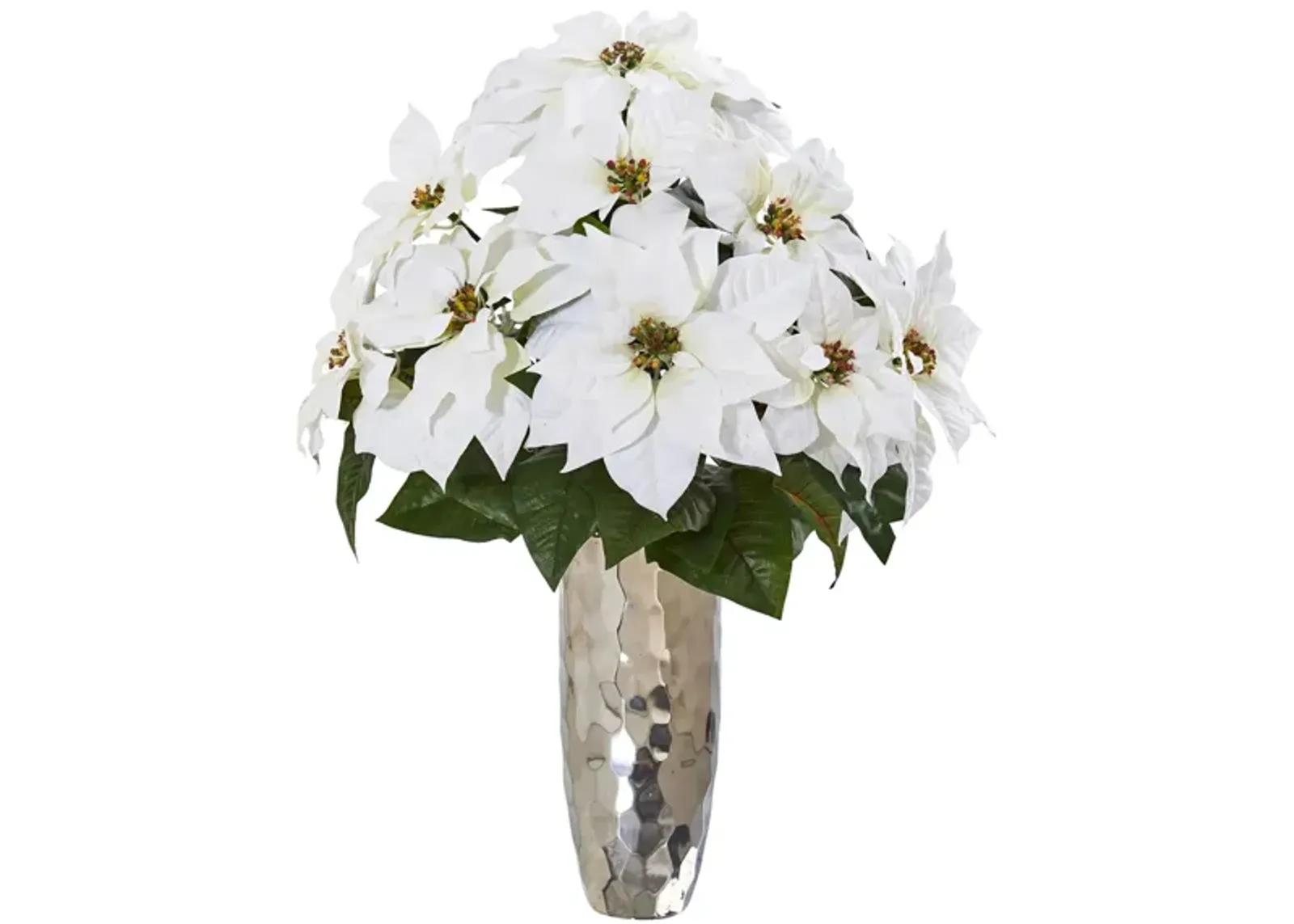 Poinsettia Artificial Arrangement in Silver Cylinder Vase in White by Bellanest