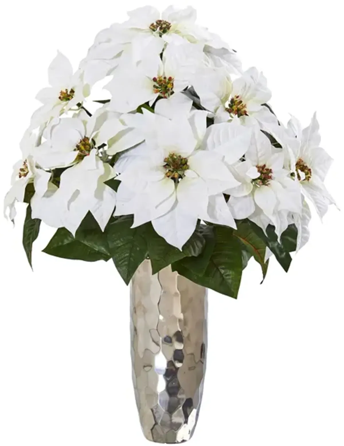 Poinsettia Artificial Arrangement in Silver Cylinder Vase in White by Bellanest