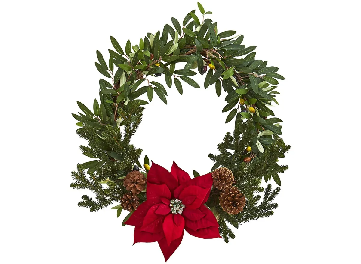 20" Olive with Poinsettia Artificial Wreath in Green/Red by Bellanest