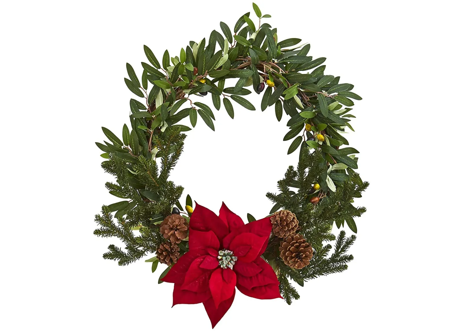 20" Olive with Poinsettia Artificial Wreath in Green/Red by Bellanest