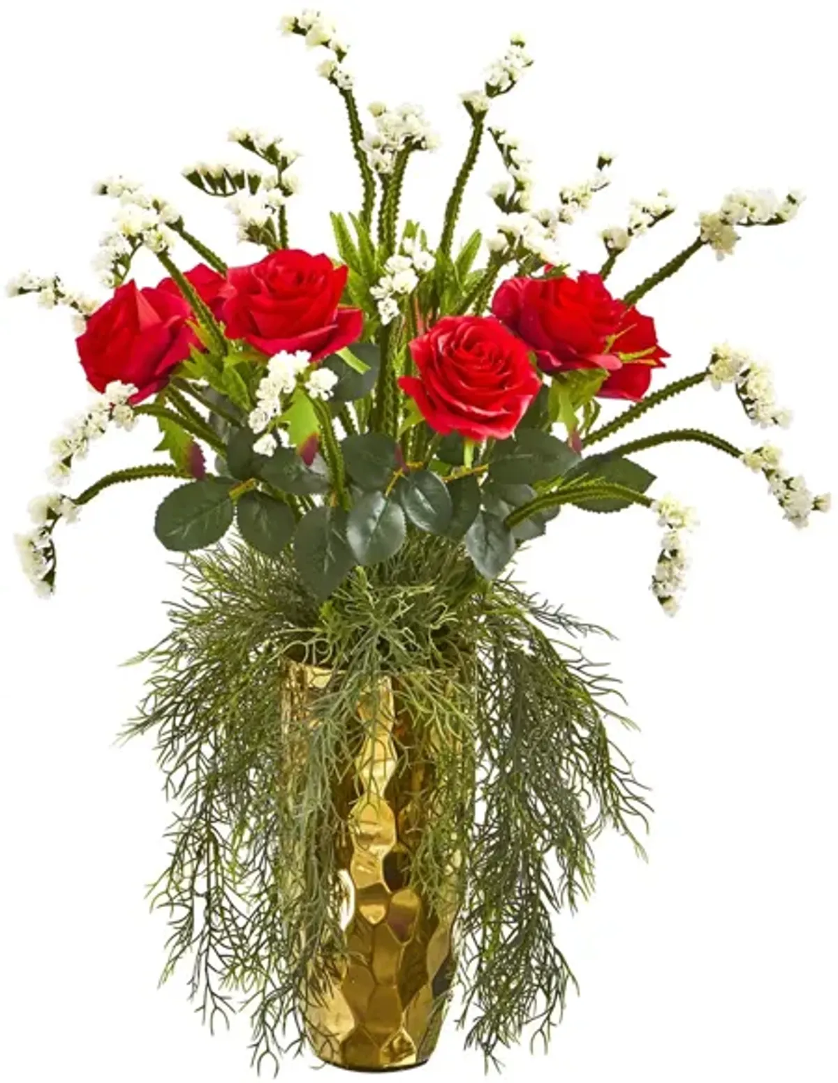 25" Red Rose Artificial Arrangement in Designer Gold Vase