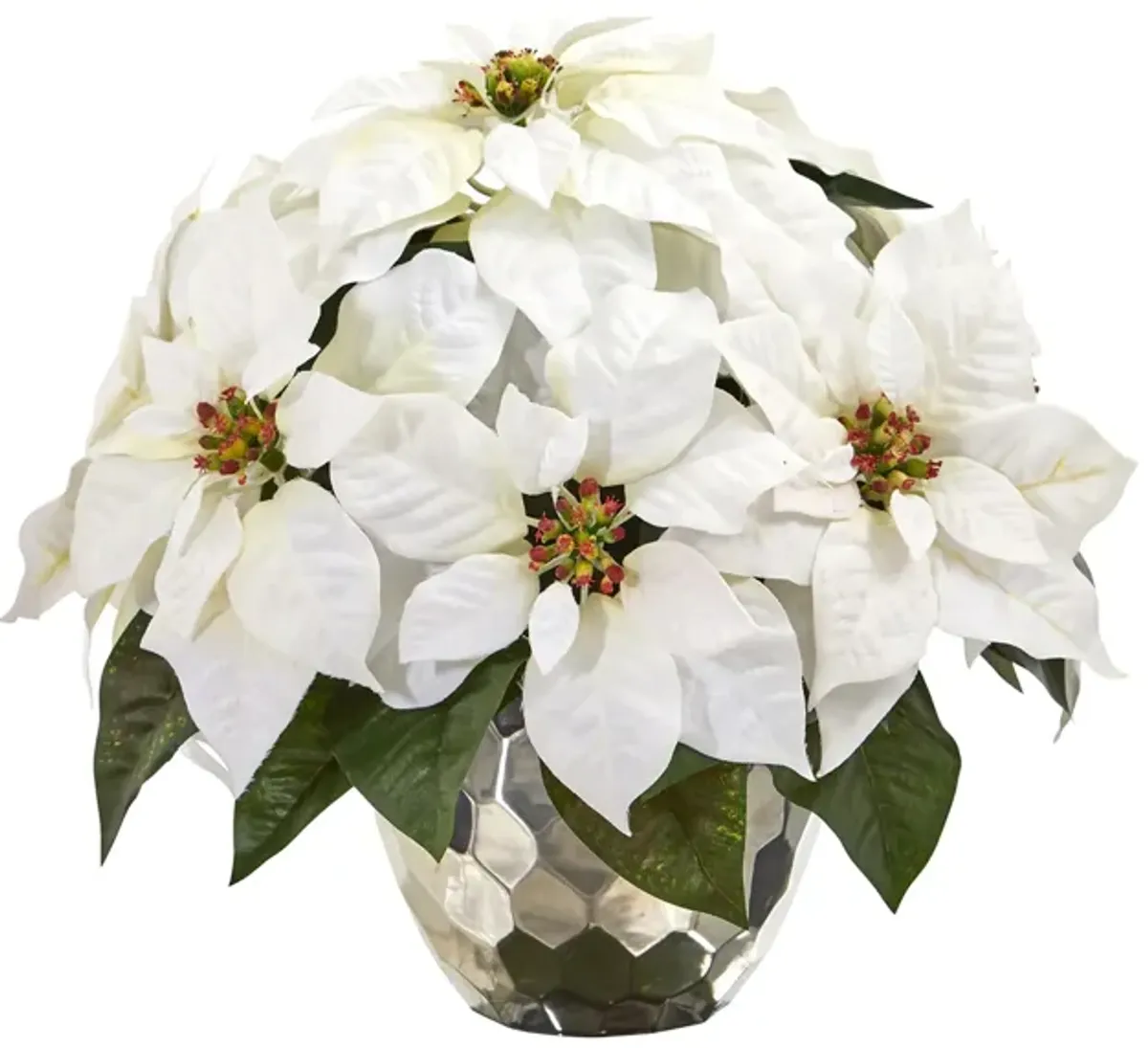 14" Poinsettia Artificial Arrangement in Designer Silver Bowl in White by Bellanest