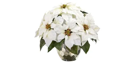 14" Poinsettia Artificial Arrangement in Designer Silver Bowl in White by Bellanest