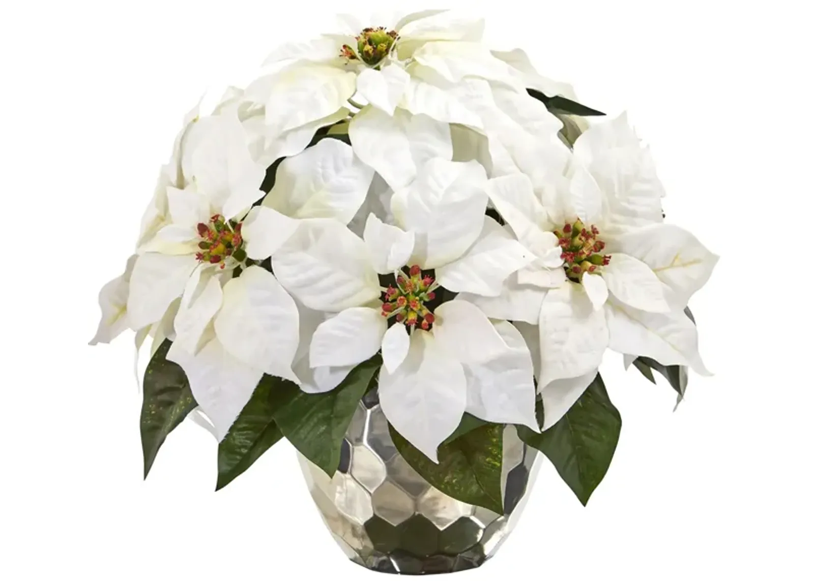 14" Poinsettia Artificial Arrangement in Designer Silver Bowl in White by Bellanest