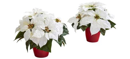 12" Poinsettia Artificial Plant in Red Planter: Set of 2 in White by Bellanest