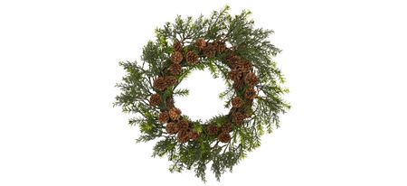 22" Cedar, Grass and Pine Cone Artificial Wreath UV Resistant (Indoor/Outdoor) in Green by Bellanest