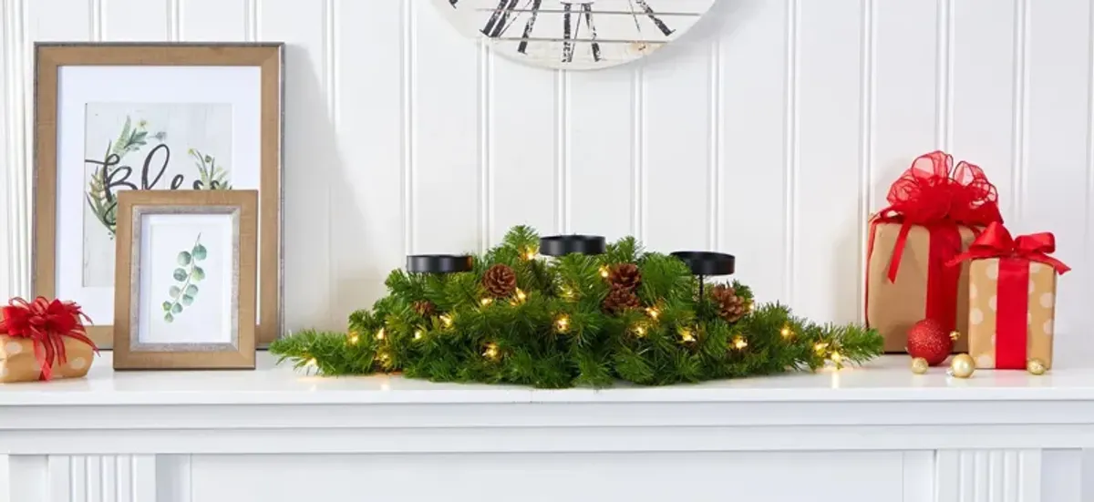 30" Christmas Artificial Pine Triple Candelabrum with Clear Lights and Pine Cones