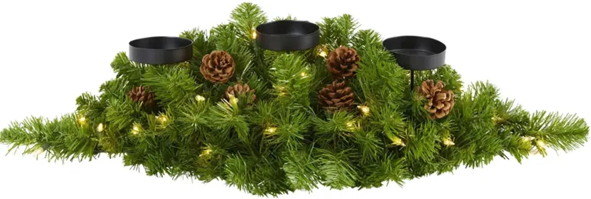 30" Christmas Artificial Pine Triple Candelabrum with Clear Lights and Pine Cones