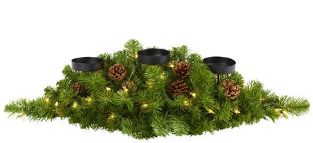 30" Christmas Artificial Pine Triple Candelabrum with Clear Lights and Pine Cones in Green by Bellanest
