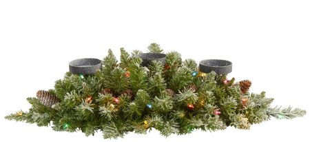 30" Flocked Artificial Christmas Triple Candelabrum with Multicolored Lights and Pine Cones in Green by Bellanest