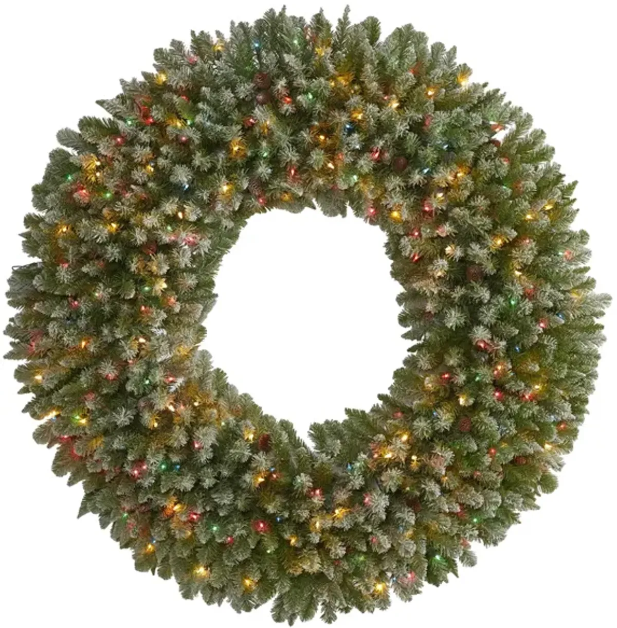 5' Giant Flocked Artificial Christmas Wreath with Multicolored Lights and Pine Cones in Green by Bellanest