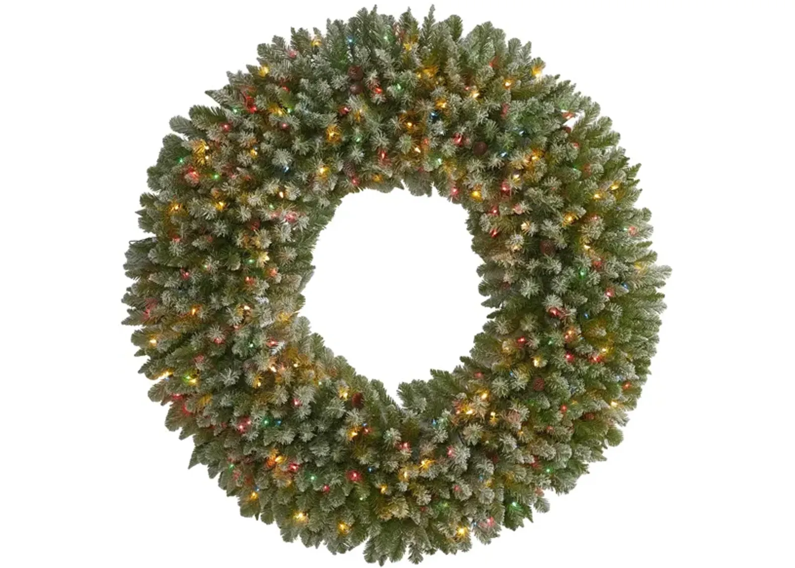 5' Giant Flocked Artificial Christmas Wreath with Multicolored Lights and Pine Cones in Green by Bellanest