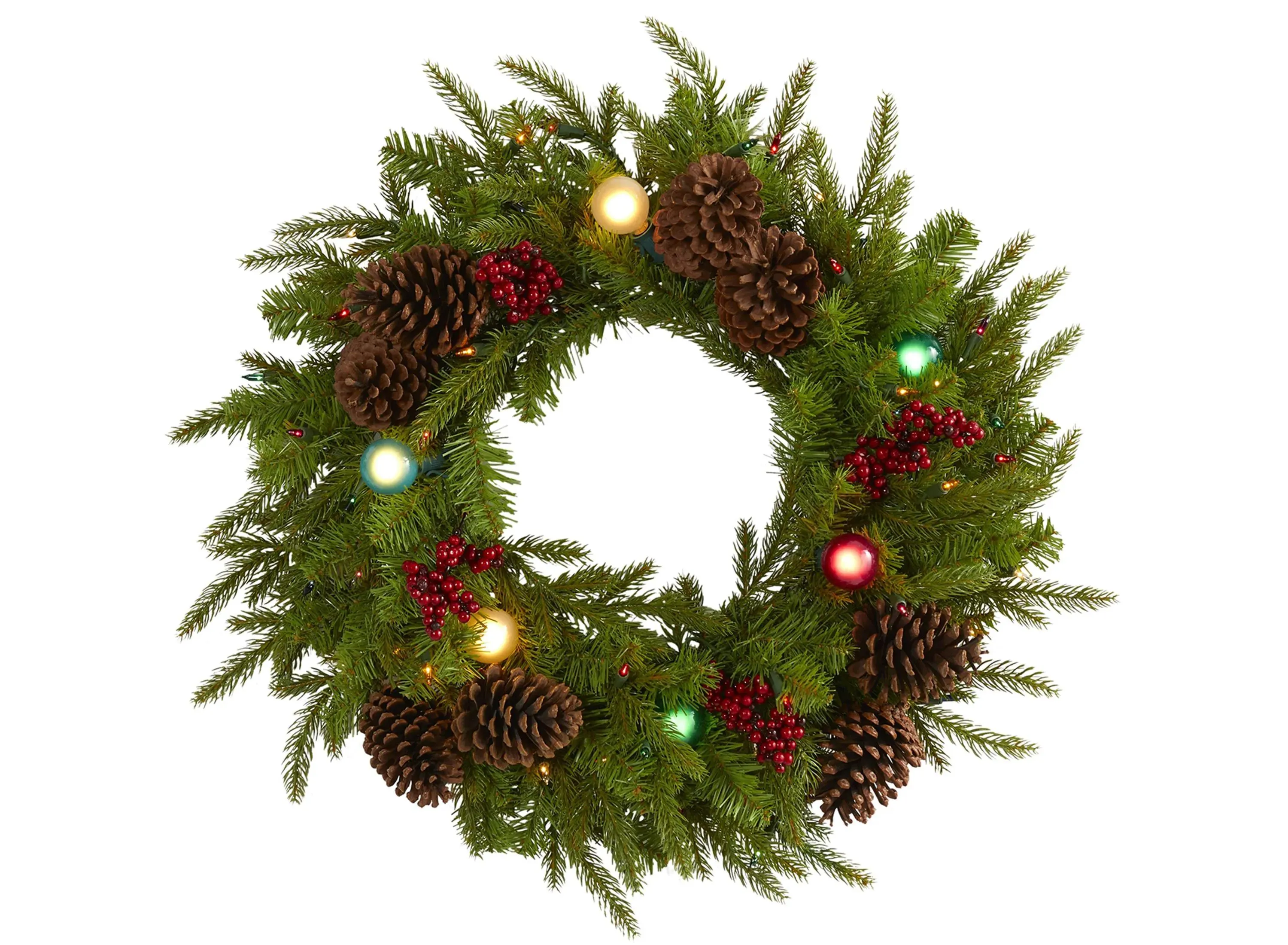 24" Christmas Artificial Wreath with Multicolored Lights, Globe Bulbs, Berries and Pine Cones in Green by Bellanest