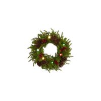 24" Christmas Artificial Wreath with Multicolored Lights, Globe Bulbs, Berries and Pine Cones in Green by Bellanest
