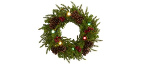 24" Christmas Artificial Wreath with Multicolored Lights, Globe Bulbs, Berries and Pine Cones in Green by Bellanest