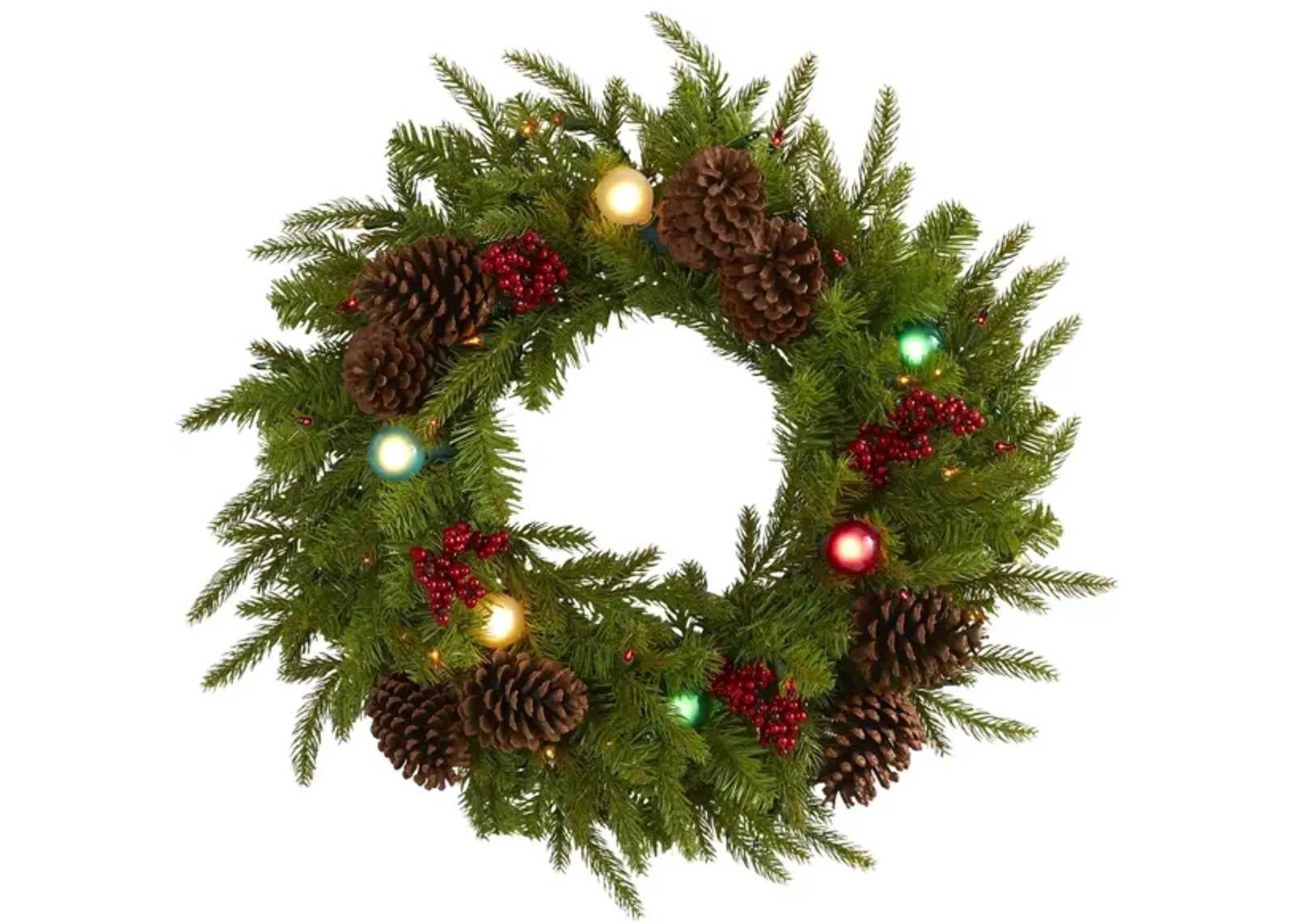 24" Christmas Artificial Wreath with Multicolored Lights, Globe Bulbs, Berries and Pine Cones in Green by Bellanest