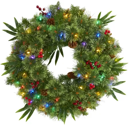24" Mixed Pine Artificial Christmas Wreath with Multicolored LED Lights, Berries and Pine Cones in Green by Bellanest
