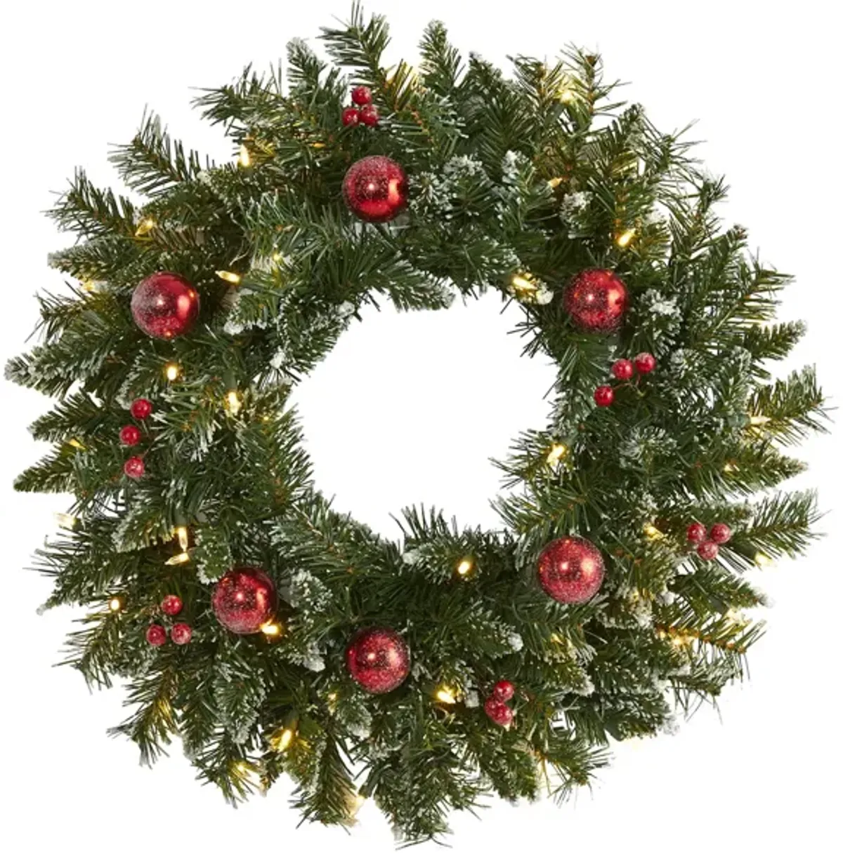 24" Frosted Artificial Christmas Wreath with Warm White LED Lights, Ornaments and Berries