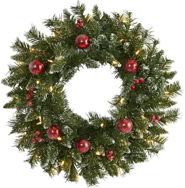 24" Frosted Artificial Christmas Wreath with Warm White LED Lights, Ornaments and Berries