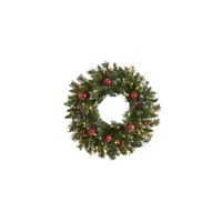 24" Frosted Artificial Christmas Wreath with Warm White LED Lights, Ornaments and Berries in Green by Bellanest