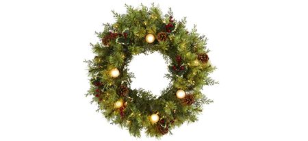 24" Christmas Artificial Wreath with White Warm Lights, Globe Bulbs, Berries and Pine Cones in Green by Bellanest