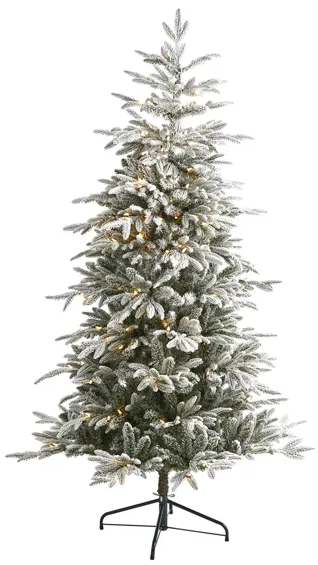 6.5ft. Pre-Lit Flocked Manchester Spruce Artificial Christmas Tree in Green by Bellanest