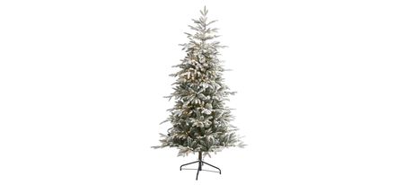 6.5ft. Pre-Lit Flocked Manchester Spruce Artificial Christmas Tree in Green by Bellanest